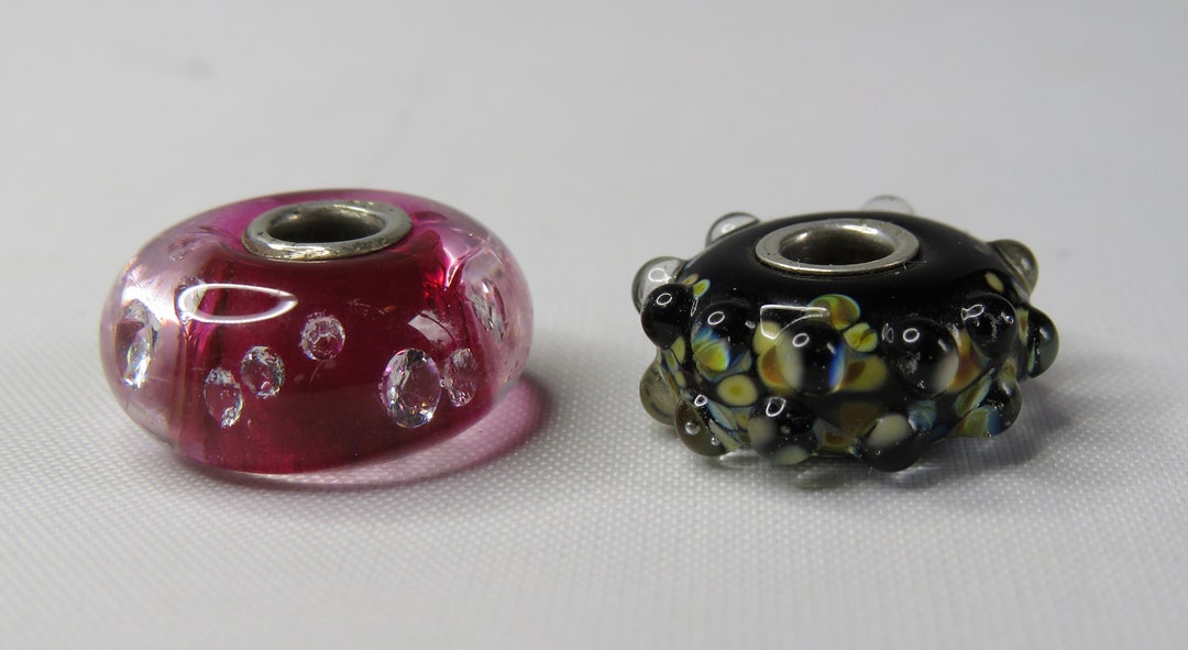2 Authentic TROLLBEADS 925S LAA Art Glass Beads Cranberry Pink Diamond