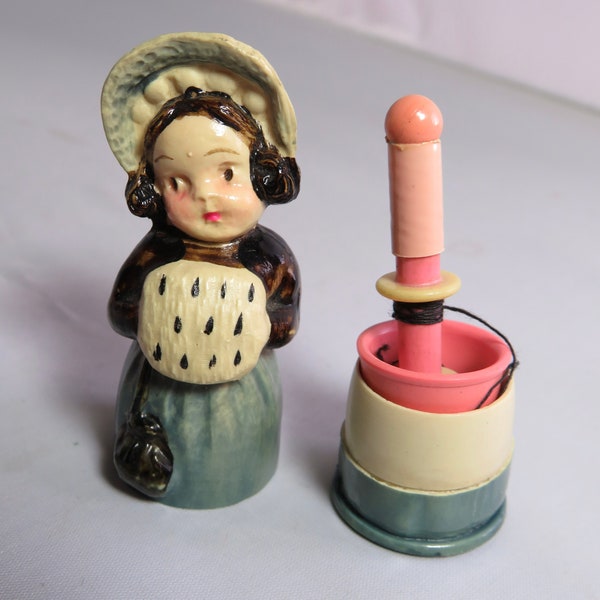 Antique Celluloid Figural Victorian Girl w/ Muff Sewing Sewing Etui Kit Thimble Needle Case