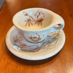 May include: A cream-colored ceramic cup and saucer set featuring brown botanical illustrations of flowers and leaves. The cup has a wide, integrated handle and a rounded bowl shape, while the matching saucer displays a detailed floral pattern.
