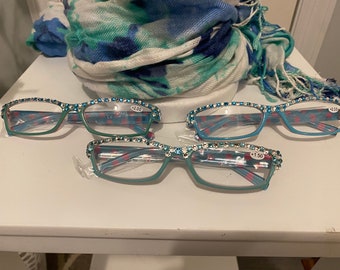 Aqua Polka Dot Swarovski & Crystal Blinged Out Readers!