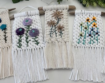 Handmade Embroidered Floral Macrame Wall Hanging: Botanical Art