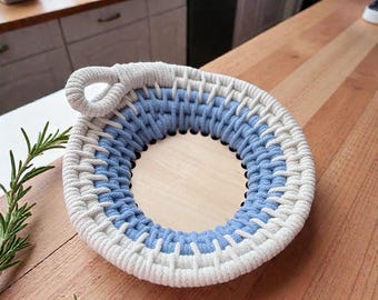 Wrapped Macrame Basket -  Blue & Green Cotton Cord Catch All