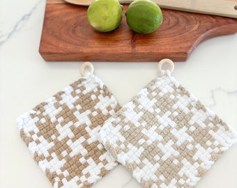 Vintage Inspired Cotton Woven Potholder Set: Neutral Farmhouse Trivets