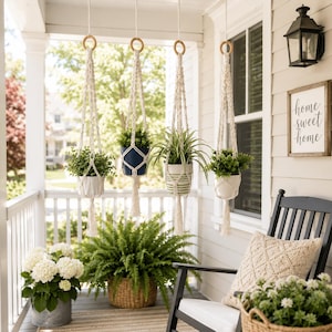 May include: Four off-white macrame plant hangers suspended from wooden rings, each holding a potted plant. The pots include two white, one dark blue, and one green-striped container, all featuring intricate knotted cord designs and tassels.
