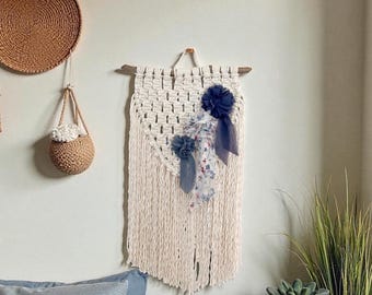 Blue Flower Macrame Wall Hanging:  Farmhouse Inspired Decor