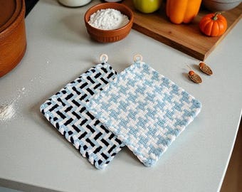 Vintage Inspired Cotton Trivet & Potholder Set -  Handwoven Kitchen Textiles, Farmhouse Potholders