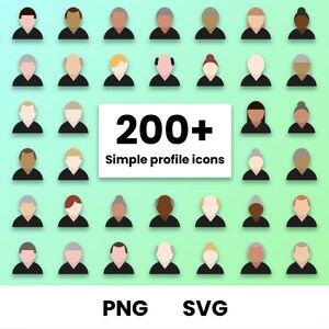 Könnte beinhalten: Eine Sammlung von über 200 einfachen Profil-Icons in verschiedenen Farben und Stilen. Die Icons zeigen verschiedene Frisuren, Haarfarben, Hauttöne und Gesichtszüge. Die Icons sind in den Formaten PNG und SVG verfügbar.