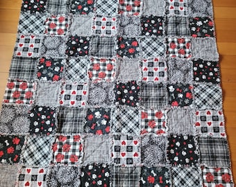 Handmade Flannel Rag Quilt - Red, Black, and White - Dog Lover #7 (60 in x 48 in)