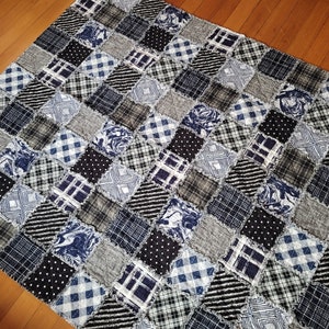 Handmade Flannel Rag Quilt: Blue, Black, White, and Gray (72 in x 60in) #8
