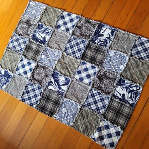 Handmade Flannel Rag Quilt: Crib Quilt - Blue, Black, and White (42 in x 30 in) #1