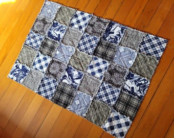 Handmade Flannel Rag Quilt: Crib Quilt - Blue, Black, and White (42 in x 30 in) #1