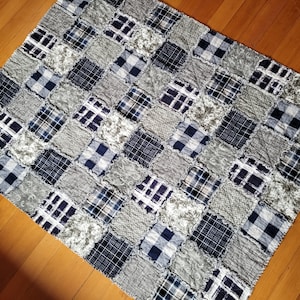 Handmade Flannel Rag Quilt: Blue, Black, and White (60 in x 48in) #5