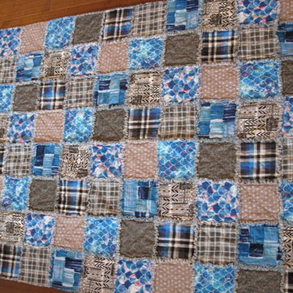 Handmade Rag Quilt - Blue, Black, and Gray - #2