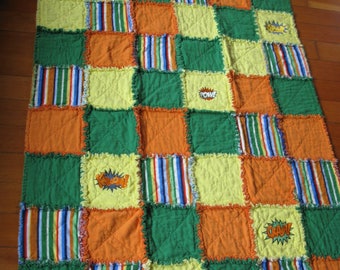 Embroidered Handmade Flannel Rag Quilt - Gender Neutral - Super Hero (Bam, Crash, Pow, Kapow, and Kaboom) = (48 in x 36 in)