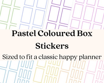 May include: Pastel coloured box stickers, sized to fit a classic happy planner. The stickers feature a grid of boxes in various pastel colours, including green, blue, purple, yellow, and pink.