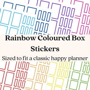 May include: Rainbow coloured box stickers, sized to fit a classic happy planner. The stickers feature a grid pattern with different coloured borders: red, orange, yellow, green, blue, purple and pink.