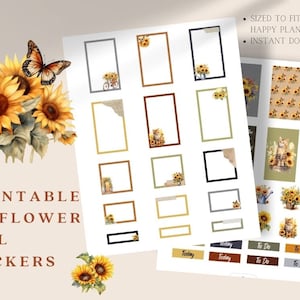 Puede incluir: Pegatinas de otoño con girasoles imprimibles para una agenda clásica Happy Planner. Las pegatinas presentan girasoles, mariposas, gatos y otros diseños de temática otoñal. Las pegatinas están diseñadas para adaptarse a una agenda clásica Happy Planner.