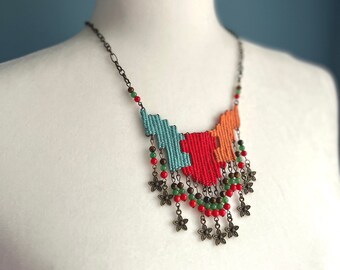 Woven Tapestry Necklace / Weaving Jewelry / Textile Jewelry / Handwoven Statement Necklace / Fiber Art Jewelry / Gift for Her / Gift for Mom