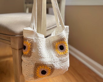 Crochet Sunflower Purse /  Granny Square Tote Bag / Crochet Flower Bags / Summer Bag for Women / Knitted Tote Bag / Sunflower gifts for Her