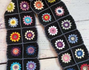 Granny Square Scarf / Crochet Winter Scarf / Flower Crochet Scarf / Handknit Long Scarf / Handmade Knit Scarf