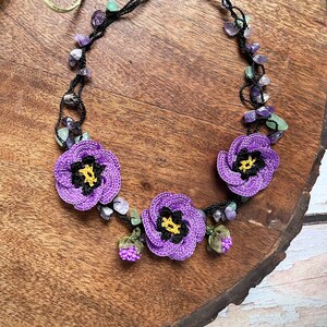 Crochet Violet Necklace / Purple Flower Choker / Floral Crochet Jewelry / Flower Lover Gift for Her / Multistrand Textile Necklace