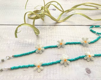 Catena portaocchiali con margherite / Collana portaocchiali / Catena portaocchiali con perline / Regalo unico per lei / Catena per mascherina