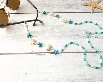 Cadena para gafas de sol marinas / Cadena para gafas con cuentas / Cordón para gafas / Cordón para gafas con conchas y estrellas de mar