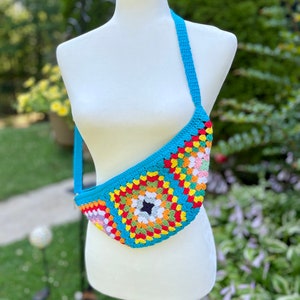Crochet Bum Bag / Granny Square Fanny Pack / Colorful Fanny Pack / Turquoise Chest Bag / Travel  Crossbody Purse / Sling Bag for Women