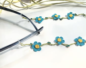 Vergeet-mij-nietje-brilketting / Gehaakt koordje voor brillenglazen / Brillenketting / Zonnebrilriempje / Spektakelkoord / Lenzenkoordriem / Brilhouder