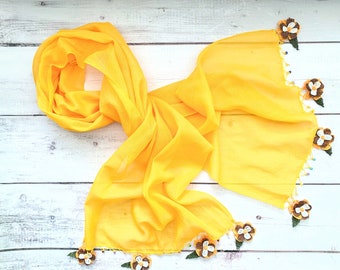 Yellow Cotton Scarf / Womens Scarves Handmade / Floral Spring Scarf / Turkish Oya Scarf / Lightweight Scarf / Boho Spring Scarf