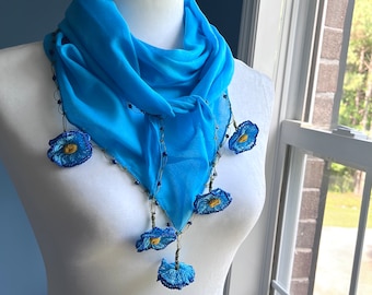 Soft Cotton Scarf / Blue Flower Scarf / Lightweight Neck Scarf / Turkish Oya Scarf / Women Summer Scarf / Gift for Mom from Daughter