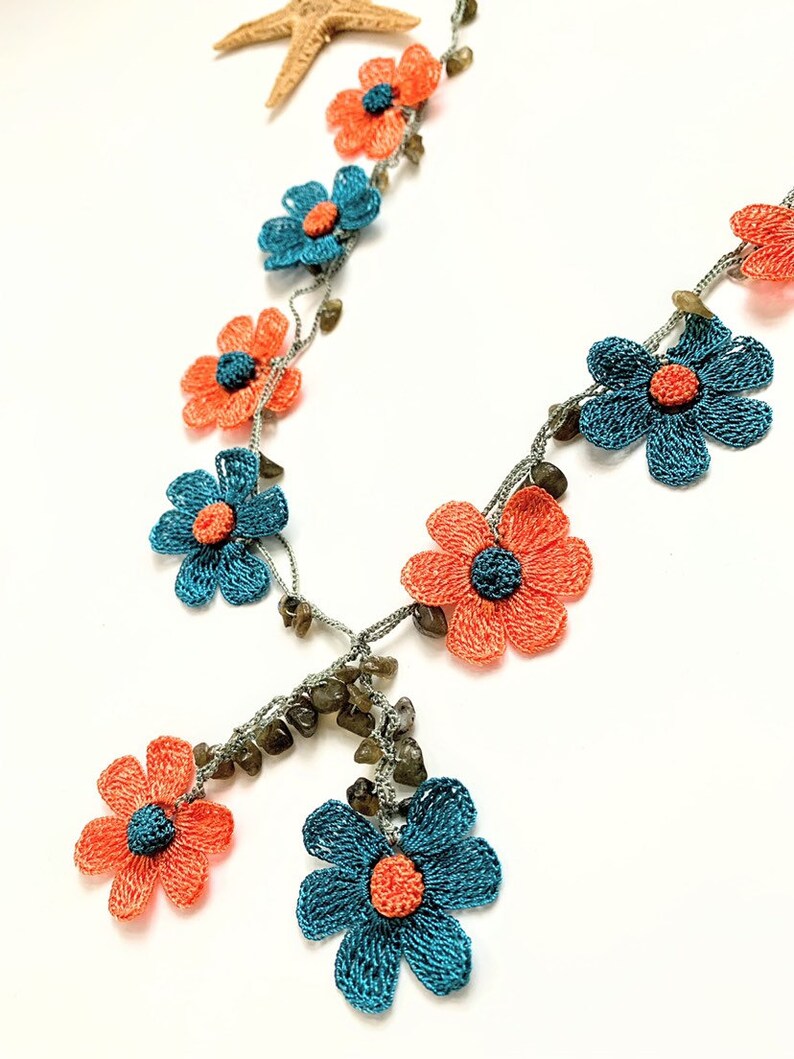 Crochet Necklace With Beads / Long Flower Necklace / Beaded Etsy