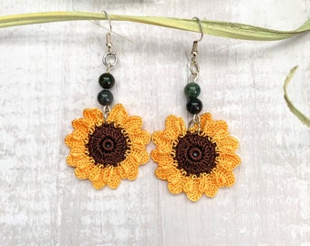 Crochet Sunflower Earrings / Sunflower Jewelry / Floral Dangle Drop Earrings / Flower Earrings / Summer Jewelry / Boho Flower Earrings