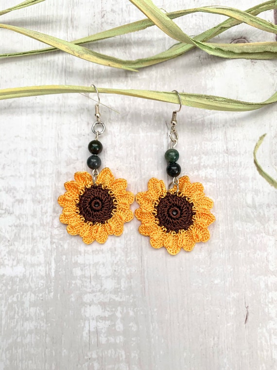 Crochet Sunflower Earrings Sunflower Jewelry Floral Dangle