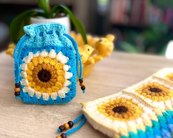 Saszetka z szydełkowanym kwiatkiem / Mała torebka w stokrotki / Urocze etui na słuchawki AirPods / Saszetka na monety / Saszetka ze ściągaczem w stylu boho / Drobne prezenty dla kobiet