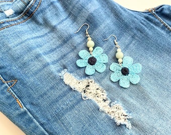 Blue Flower Earrings / Blue Dangle Earrings / Crochet Flower Earrings / Beaded Flower Earrings / Summer Earrings