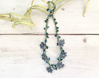 Forget Me Not Necklace / Boho Crochet Necklace / Flower Jewelry / Blue Flower Necklace / Beaded Choker Necklace / Summer Jewelry for Woman