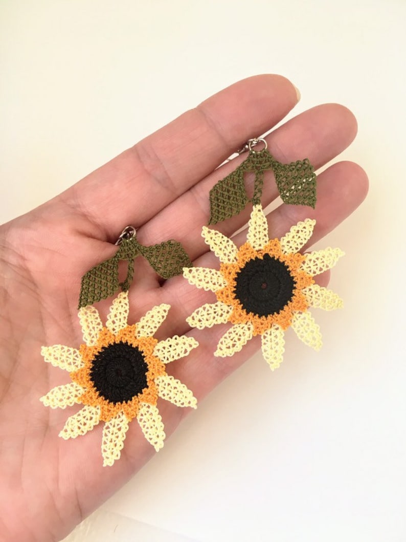 Crochet Earrings Summer Sunflower Earrings Dangle Large Etsy