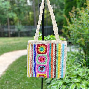 Crochet Raffia Tote Bag / Straw Mesh Bag / Colorful Crochet Bags / Flower Beach Tote / Granny Square Bag / Summer Tote Bag / Gift for Mom