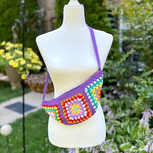 Crochet Fanny Pack / Granny Square Bum Bag / Colorful Crochet Bag / Purple Free Bag /  Travel Bag / Crochet Sling Bag / Unique Gifts for Her