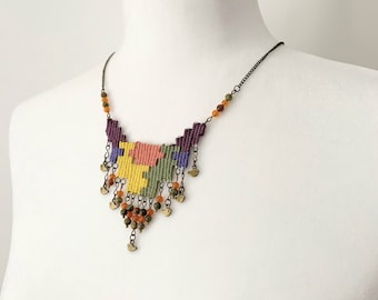 Handwoven Statement Necklace / Weaving Pendant / Fiber Art Necklace / Multicolor Tapestry Necklace / Fiber Art Jewelry / Unique Gift for Her