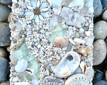 Coastal theme mosaic  wall art, white, glass, ceramics, shells, mixed media. Framed 8x10. “Serene”