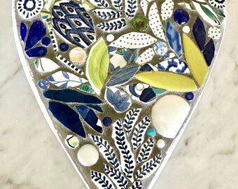 Large Handmade Mosaic Heart Wall Art, Flower theme, Blue & Green, Glass, ceramics, porcelain.