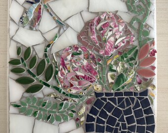 Handmade mosaic wall art, flowers in vase with leaves, vines, dragonfly. Multicolor blue, green, white pink. 8x10