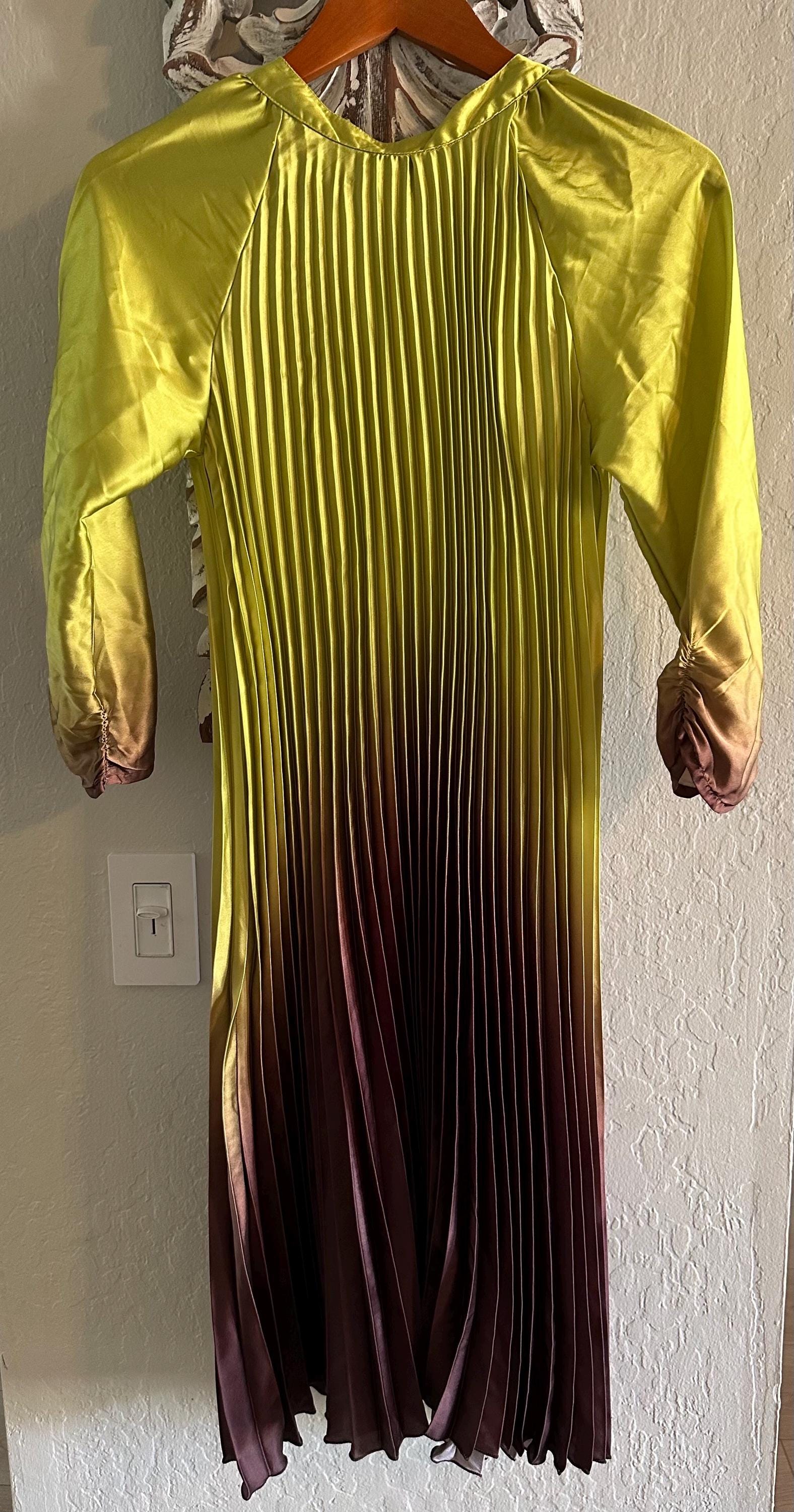Antheaa Pleated Dress, Lime Green &  Burgundy Gradient, size Small
