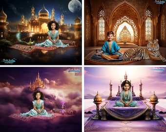 Könnte beinhalten: Vier Bilder von Kindern in Aladdin-Kostümen. Das erste Bild zeigt ein Mädchen, das auf einem fliegenden Teppich über einer Stadt sitzt. Das zweite Bild zeigt einen Jungen, der auf einem fliegenden Teppich mit einem Tiger sitzt. Das dritte Bild zeigt ein Mädchen, das auf einem fliegenden Teppich über einem Schloss in den Wolken sitzt. Das vierte Bild zeigt ein Mädchen, das auf einem fliegenden Teppich in einem Palast sitzt.