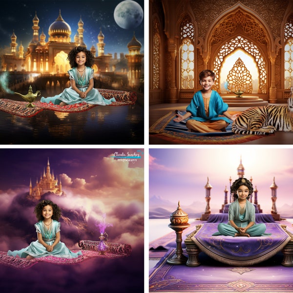 FOUR Aladdin Digital Backgrounds, Arabian, Sultan castle, magic flying carpet, arabian palace, genie lamp, JPG files