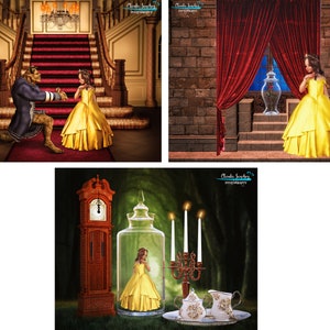 THREE Beauty and the Beast backgrounds, princess castle, Princess Belle theme, Fairy Tale, Stairs in Palace, Enchanted backdrop, JPG files