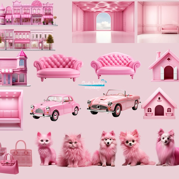 BUNDLE Pink Digital Backdrops and Overlays, Pink dream doll, cliparts, JPG and PNG files