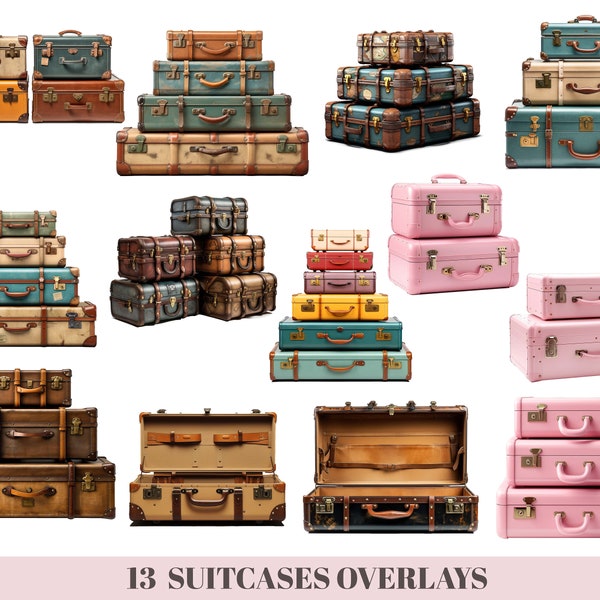 BUNDLE Suitcase overlays, lugagge PNG Clipart, Compositing, Digital Art, vintage suitcase, 13 PNG overlays